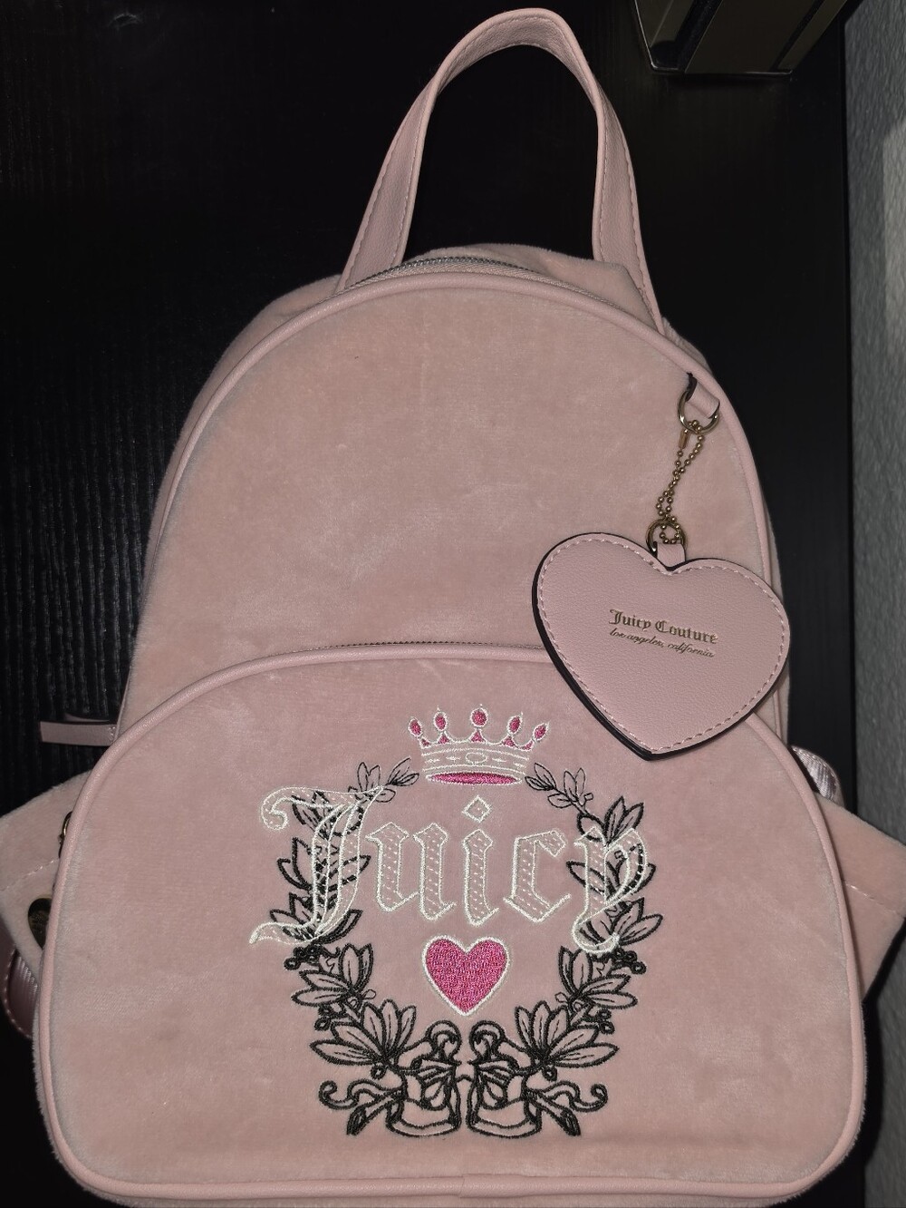 Juicy Couture Pink Velour Mini Backpack Gothic Logo Heart Charm Y2K